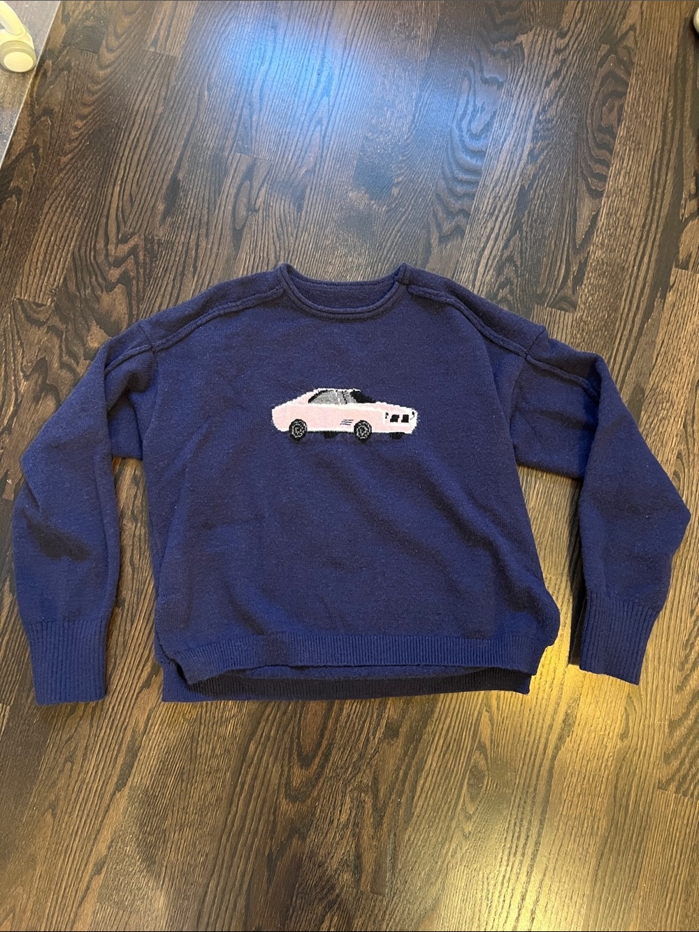 Simons Navy Crewneck Sweater with Pink Car Motif